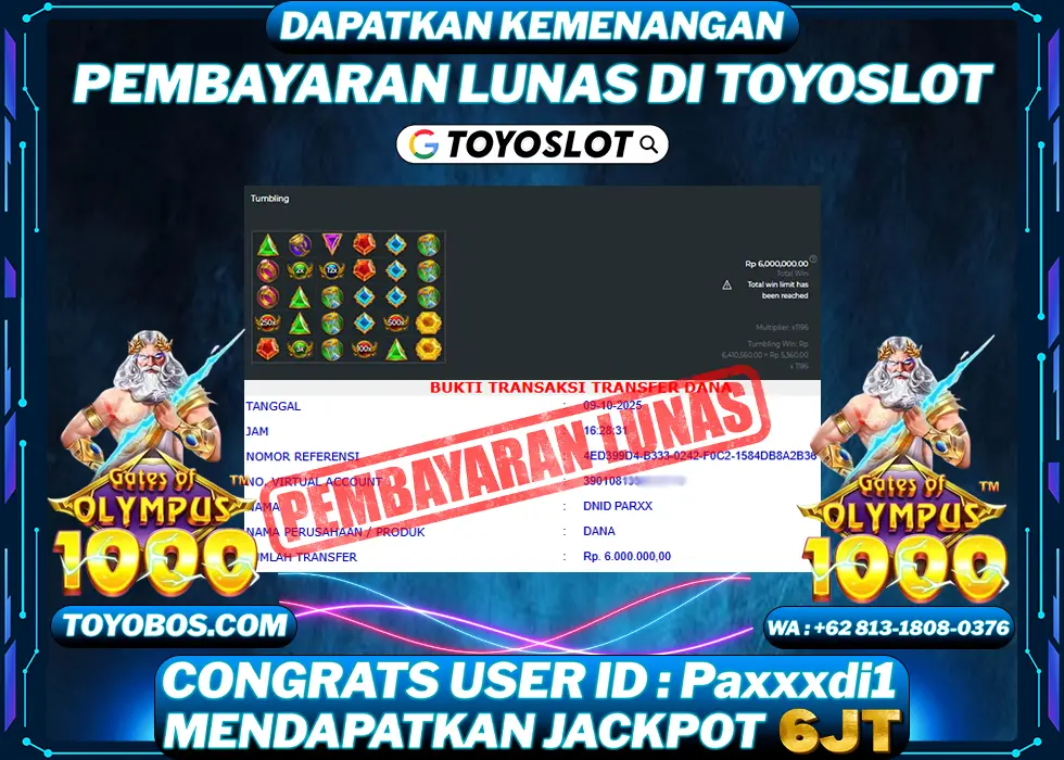 TOYOSLOT - BUKTI KEMENANGAN Gates Of Olympus 1000x Rp6,000,000,- LUNAS